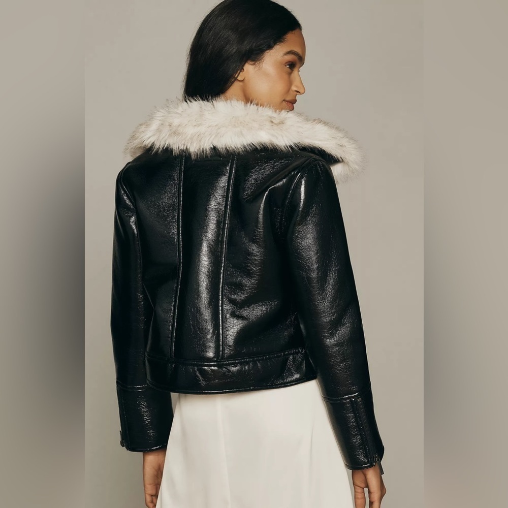 NWT Unreal Fur Wet Look Faux Patent Leather Aviator Jacket - Picture 7 of 7